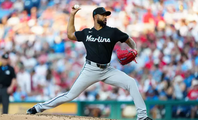 Miami Marlins pitcher Sandy Alcantara throws during the third inning of a baseball game against the Philadelphia Phillies, Wednesday, Aug. 19, 2026, in Philadelphia. (AP Photo/Derik Hamilton)