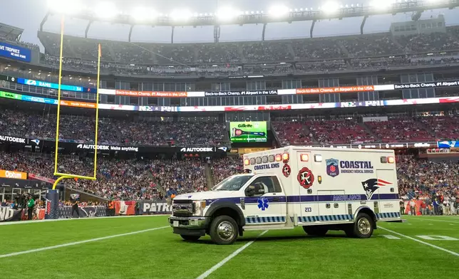 Philadelphia Eagles' Ja'Quinden Jackson is taken away in an ambulance after an injury against the New England Patriots during the first half of an NFL preseason football game, Saturday, Aug. 22, 2026, in Foxborough, Mass. (AP Photo/Robert F. Bukaty)