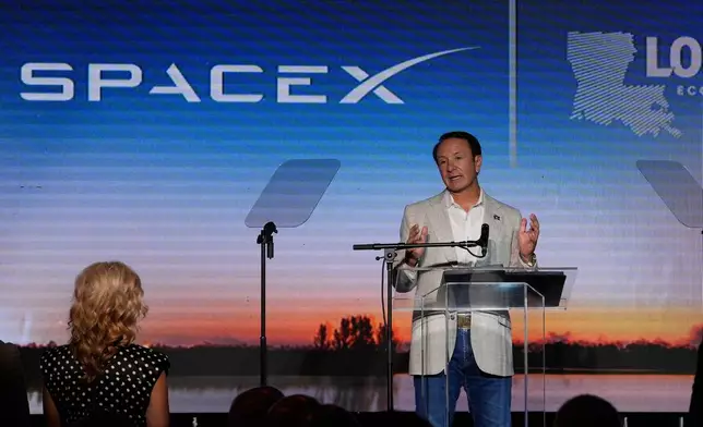 Louisiana Gov. Jeff Landry speaks during an event with SpaceX announcing a deal to build a new spaceport in his state, Tuesday, Aug. 25, 2026, in Abbeville, La. (AP Photo/Gerald Herbert)
