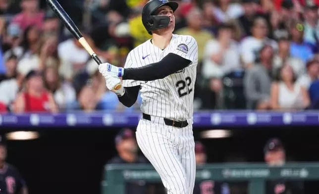 Colorado Rockies' Mickey Moniak watches his solo home run off Cleveland Guardians starting pitcher Tanner Bibee in the fifth inning of a baseball game Saturday, Aug. 22, 2026, in Denver. (AP Photo/David Zalubowski)