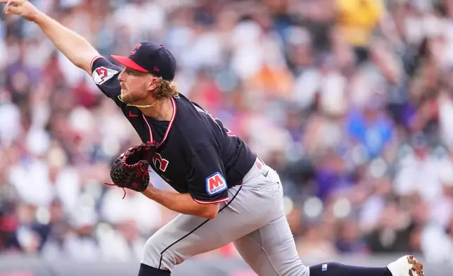 Cleveland Guardians starting pitcher Tanner Bibee works against the Colorado Rockies in the first inning of a baseball game Saturday, Aug. 22, 2026, in Denver. (AP Photo/David Zalubowski)