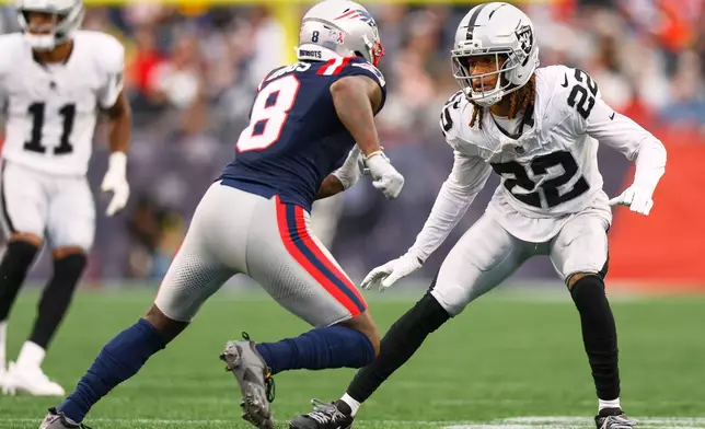 FILE - Las Vegas Raiders cornerback Eric Stokes (22) covers New England Patriots wide receiver Stefon Diggs (8) during the second half of an NFL football game Sept. 7, 2025, in Foxborough, Mass. (AP Photo/Greg M. Cooper, File)