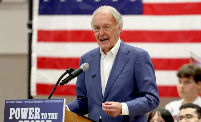 Sen. Ed Markey speaks during a Get Out the Vote event supporting Markey, Saturday, Aug. 29, 2026 in Boston. (AP Photo/Mark Stockwell)