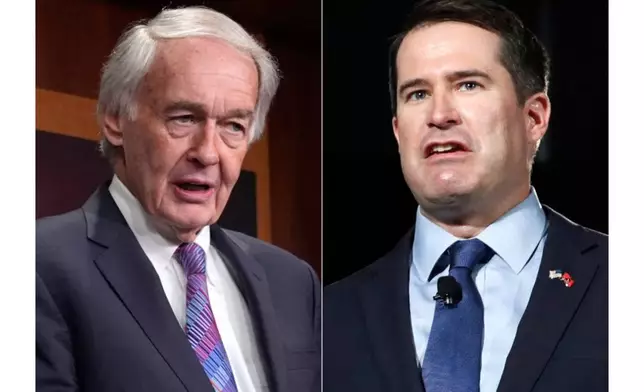 In this combination photo, Sen. Ed Markey, D-Mass., speaks during a news conference at the Capitol in Washington, March 27, 2025, left, and Rep. Seth Moulton, D-Mass., speaks during a candidate forum, Aug. 3, 2019, in Las Vegas. (AP Photo)