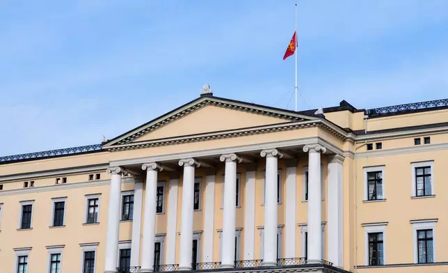 The royal flag at the Palace is flown at half-mast, in Oslo, Friday, Aug. 26, 2026 (Lise Åserud/NTB Scanpix via AP)