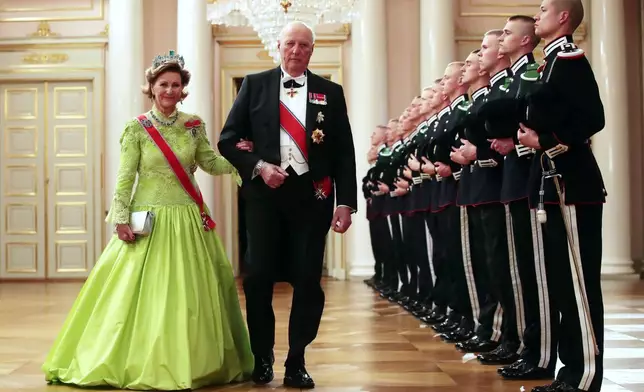FILE - Norway's King Harald and Queen Sonja arrive at a gala dinner to celebrate their 80th birthdays, at the Royal Palace in Oslo, May 9, 2017. (Haakon Mosvold Larsen/NTB Scanpix via AP, File)