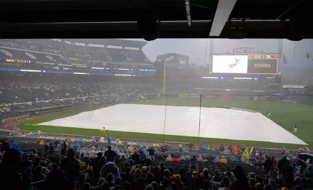 The field at PNC Park is covered during a rain storm at a baseball game between the Pittsburgh Pirates and the New York Mets in Pittsburgh, Friday, Aug. 7, 2026. (AP Photo/Gene J. Puskar)