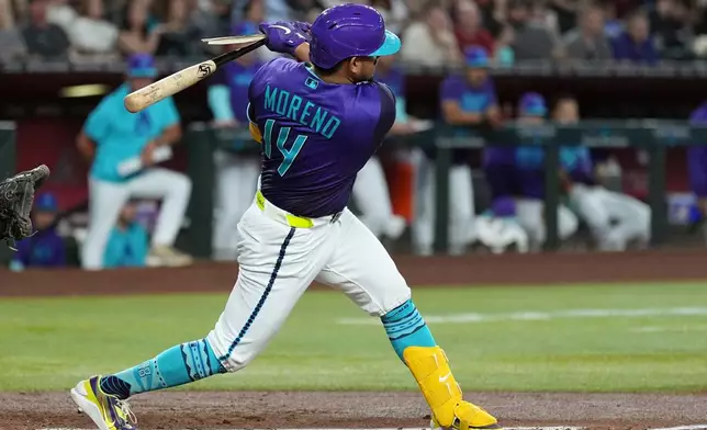 Arizona Diamondbacks' Gabriel Moreno breaks his bat on a swing during the first inning of a baseball game against the Cincinnati Reds, Sunday, Aug. 23, 2026, in Phoenix. (AP Photo/Ross D. Franklin)