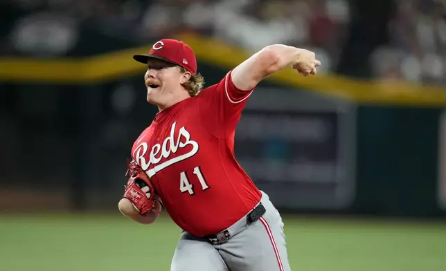 Cincinnati Reds starting pitcher Andrew Abbott throws against the Arizona Diamondbacks during the first inning of a baseball game, Sunday, Aug. 23, 2026, in Phoenix. (AP Photo/Ross D. Franklin)