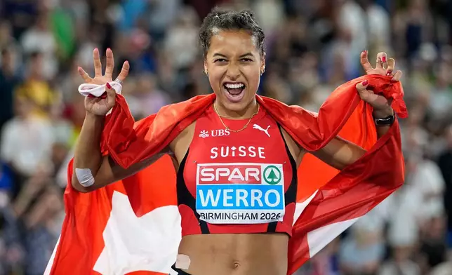 Audrey Werro of Switzerland poses after winning the gold medal in the women's 800 meters final at the European Athletics Championships in Birmingham, England, Friday, Aug. 14, 2026. (AP Photo/Matthias Schrader)