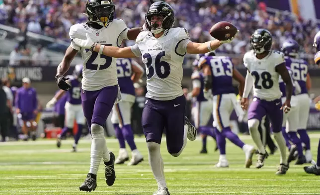 Baltimore Ravens safety Silas Walters (36) celebrates after intercepting a pass against the Minnesota Vikings during the second half of an NFL preseason football game, Saturday, Aug. 22, 2026, in Minneapolis. (AP Photo/Abbie Parr)