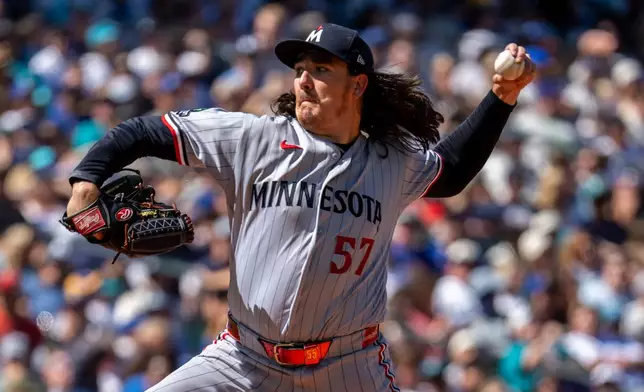 Minnesota Twins reliever Kody Funderburk delivers a pitch during the seventh inning of a baseball game against the Seattle Mariners, Saturday, Aug. 1, 2026, in Seattle. (AP Photo/Stephen Brashear)