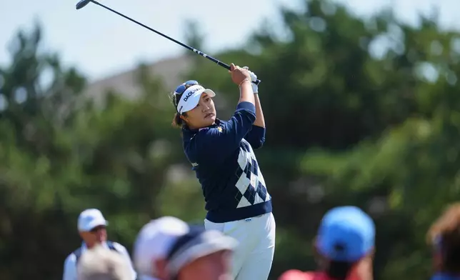 Haeran Ryu, of South Korea, drives off the 4th tee during the second round of the Women's British Open golf championship in Lytham St Annes, England, Friday, July 31, 2026. (AP Photo/Jon Super)