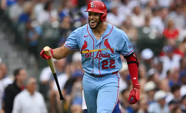 St. Louis Cardinals' Joshua Baez celebrates after hitting a three-run home run during the first inning of a baseball game against the Chicago Cubs in Chicago, Saturday, Aug. 15, 2026. (AP Photo/Paul Beaty)