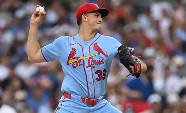St. Louis Cardinals starter Michael McGreevy delivers a pitch during the first inning of a baseball game against the Chicago Cubs in Chicago, Saturday, Aug. 15, 2026. (AP Photo/Paul Beaty)