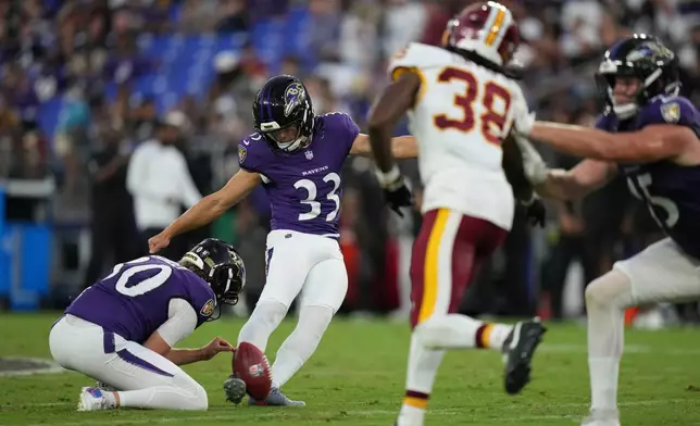 Baltimore Ravens kicker Tyler Loop (33) misses a field goal attempt against the Washington Commanders during the first half of an NFL preseason football game, Friday, Aug. 28, 2026, in Baltimore. (AP Photo/Stephanie Scarbrough)