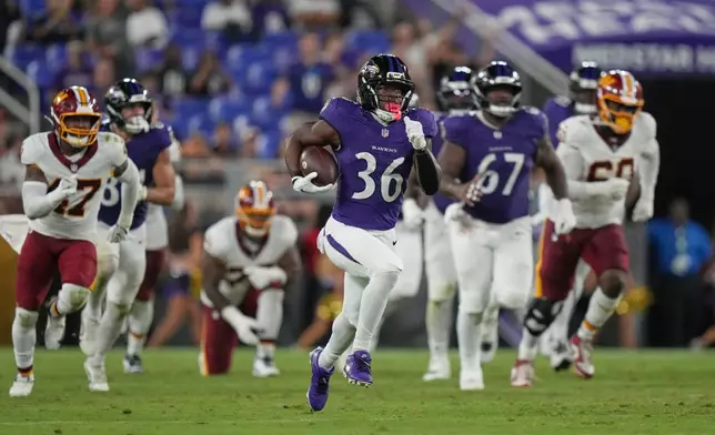 Baltimore Ravens running back Dontae McMillan (36) runs for a first down against the Washington Commanders during the second half of an NFL preseason football game, Friday, Aug. 28, 2026, in Baltimore. (AP Photo/Stephanie Scarbrough)