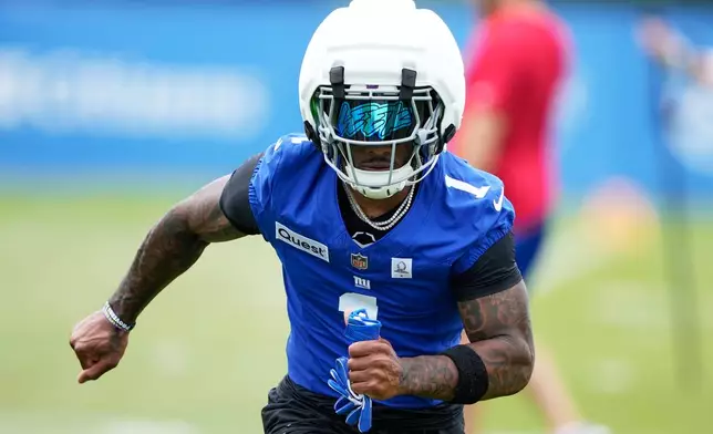 New York Giants wide receiver Malik Nabers practices during an NFL football training camp, Wednesday, July 29, 2026, in White Sulphur Springs, W.Va. (AP Photo/Chris Carlson)