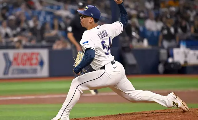 Tampa Bay Rays pitcher Alex Cook throws during the seventh inning of a baseball game against the Chicago White Sox, Friday, July 31, 2026, in St. Petersburg, Fla. (AP Photo/Jason Behnken)
