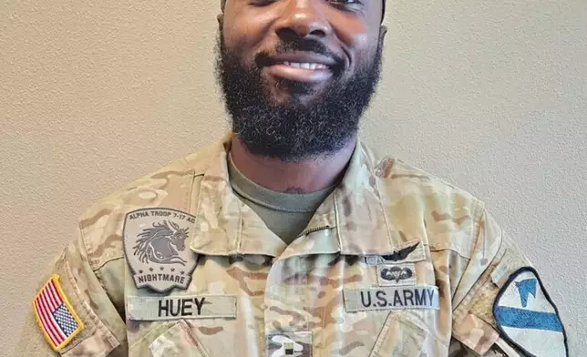 This undated photo provided by the U.S. Army on Friday, Aug. 14, 2026, shows Chief Warrant Officer 2 Deontre T. Huey. (U.S. Army via AP)