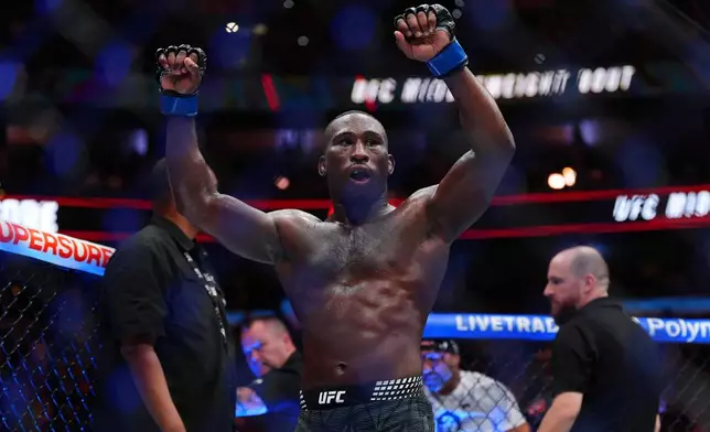 Tresean Gore reacts after a middleweight fight against Vicente Luque at the UFC 330 mixed martial arts event Saturday, Aug. 15, 2026, in Philadelphia. (AP Photo/Derik Hamilton)