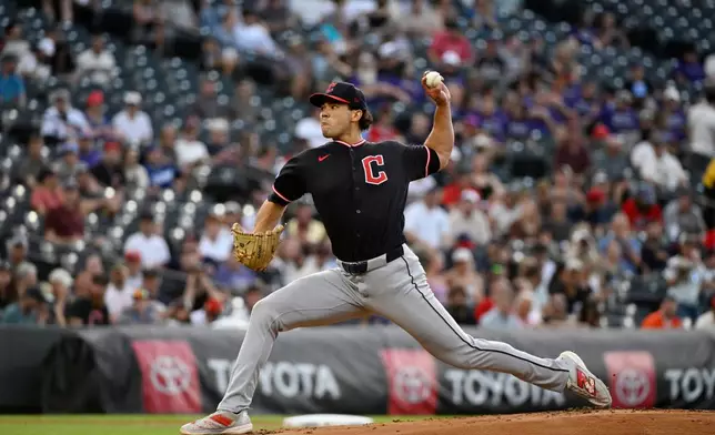 Cleveland Guardians starting pitcher Joey Cantillo throws in the first inning of a baseball game against the Colorado Rockies, Friday, Aug. 21, 2026, in Denver. (AP Photo/Geneva Heffernan)