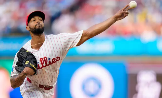 Philadelphia Phillies starting pitcher Cristopher Sanchez delivers during the first inning of a baseball game against the Miami Marlins, Monday, Aug. 17, 2026, in Philadelphia. (AP Photo/Chris Szagola)