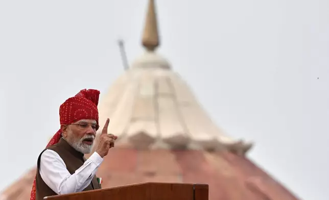 Indian Prime Minister Narendra Modi addresses the nation from the rampart of the 17th century Mughal-era Red Fort monument during the country's Independence Day celebrations in New Delhi, India, Saturday, Aug. 15, 2026. (AP Photo)