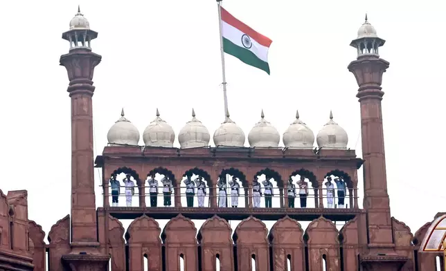 Buglers play a tune during the country's Independence Day celebrations at the 17th century Mughal-era Red Fort monument in New Delhi, India, Saturday, Aug. 15, 2026. (AP Photo/Sanjeev Rastogi)