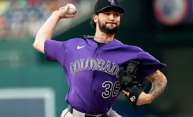 Colorado Rockies pitcher Mason Adams throws during the second inning of a baseball game against the Washington Nationals, Tuesday, Aug. 25, 2026, in Washington. (AP Photo/Daniel Kucin Jr.)