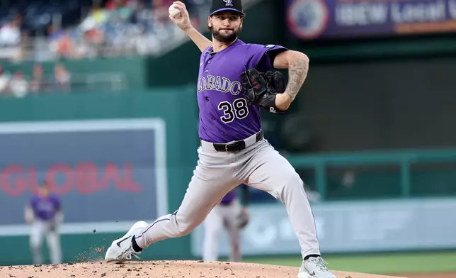 Colorado Rockies pitcher Mason Adams throws during the first inning of a baseball game against the Washington Nationals, Tuesday, Aug. 25, 2026, in Washington. (AP Photo/Daniel Kucin Jr.)