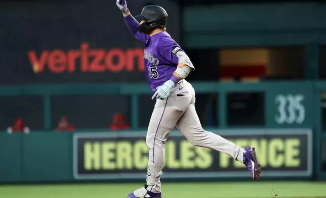 Colorado Rockies' Hunter Goodman celebrates after hitting a home run during the fourth inning of a baseball game against the Washington Nationals, Tuesday, Aug. 25, 2026, in Washington. (AP Photo/Daniel Kucin Jr.)