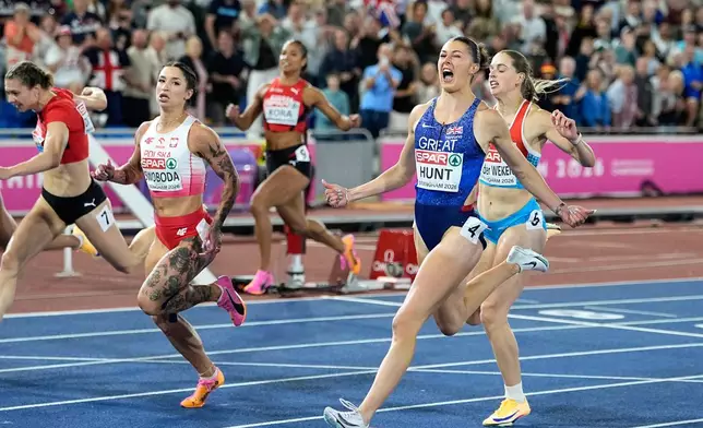 Britain's Amy Hunt reacts after crossing the finish line ahead of Poland's Ewa Swoboda to win the women's 100 meters final at the European Athletics Championships in Birmingham, England, Monday, Aug. 10, 2026. (AP Photo/Matthias Schrader)