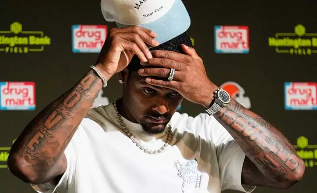 Cleveland Browns quarterback Deshaun Watson speaks at a press conference after an NFL preseason football game against the Buffalo Bills, Saturday, Aug. 22, 2026, in Cleveland. (AP Photo/Carolyn Kaster)