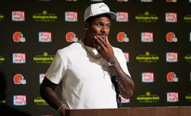 Cleveland Browns quarterback Deshaun Watson speaks at a press conference after an NFL preseason football game against the Buffalo Bills, Saturday, Aug. 22, 2026, in Cleveland. (AP Photo/Carolyn Kaster)