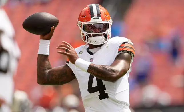 Cleveland Browns quarterback Deshaun Watson warms up before a preseason NFL football game against the Buffalo Bills, Saturday, Aug. 22, 2026, in Cleveland. (AP Photo/Carolyn Kaster)