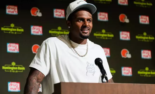 Cleveland Browns quarterback Deshaun Watson speaks at a press conference after an NFL preseason football game against the Buffalo Bills, Saturday, Aug. 22, 2026, in Cleveland. (AP Photo/Carolyn Kaster)