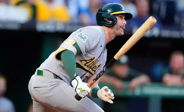 Athletics' Jeff McNeil watches his RBI single during the fifth inning of a baseball game against the Kansas City Royals, Wednesday, Aug. 19, 2026, in Kansas City, Mo. (AP Photo/Charlie Riedel)
