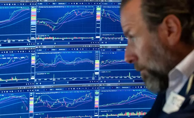 Specialist Michael Pistillo works on the floor of the New York Stock Exchange, Wednesday, Aug.. 5, 2026, in New York. (AP Photo/Yuki Iwamura)