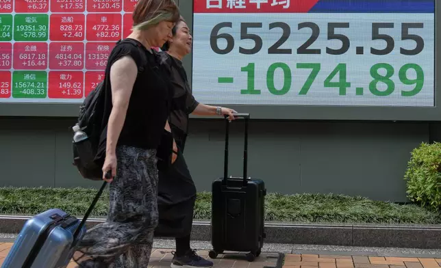 People walk past an electronic board showing Japan's Nikkei index at a securities firm Thursday, Aug. 6, 2026, in Tokyo. (AP Photo/Eugene Hoshiko)