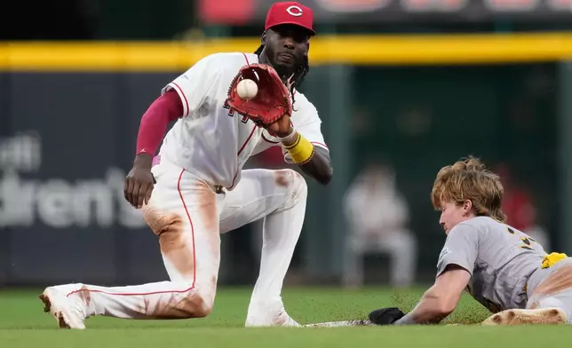 Cincinnati Reds shortstop Elly De La Cruz, left, takes the throw as Athletics Henry Bolte, right, is safe at second base during the seventh inning of a baseball game in Cincinnati, Tuesday, Aug. 4, 2026. (AP Photo/Carolyn Kaster)