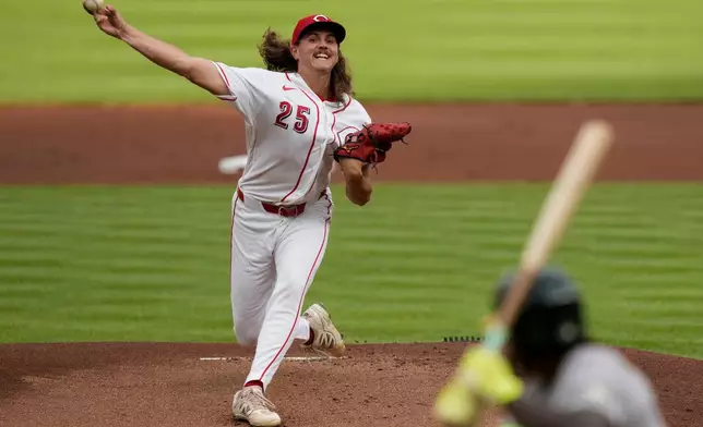 Cincinnati Reds pitcher Rhett Lowder throws during the first inning of a baseball game against the Athletics in Cincinnati, Wednesday, Aug. 5, 2026. (AP Photo/Carolyn Kaster)