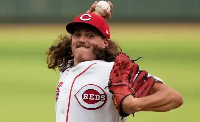 Cincinnati Reds pitcher Rhett Lowder throws during the first inning of a baseball game against the Athletics in Cincinnati, Wednesday, Aug. 5, 2026. (AP Photo/Carolyn Kaster)