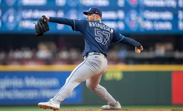 Tampa Bay Rays starting pitcher Drew Rasmussen delivers a pitch during the first inning of a baseball game against the Seattle Mariners, Friday, Aug. 7, 2026, in Seattle. (AP Photo/Stephen Brashear)