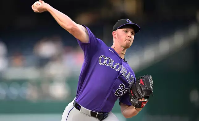 Colorado Rockies starting pitcher Tanner Gordon throws during the first inning of a baseball game against the Washington Nationals, Wednesday, Aug. 26, 2026, in Washington. (AP Photo/John McDonnell)