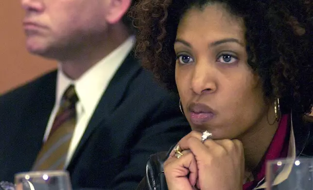 FILE - Kelci Stringer, widow of former Minnesota Vikings offensive tackle Korey Stringer, and Korey's agent James Gould, appear at a news conference in Minneapolis, Jan. 15, 2002, to announce a wrongful death lawsuit in the death of Stringer, who died of heatstroke during football practice last August. (AP Photo/Janet Hostetter, File)