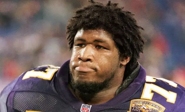FILE - Minnesota Vikings offensive tackle Korey Stringer leaves the field on Nov. 12, 2000, in Minneapolis. (AP Photo/Tom Olmscheid, File)