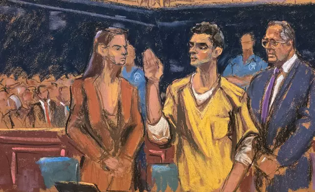 In this courtroom sketch, Luigi Mangione, center, stands between his attorneys, Karen Friedman Agnifilo, left, and Marc Agnifilo, right, as he is sworn in before pleading guilty to federal stalking charges in the killing of UnitedHealthcare CEO Brian Thompson, Friday, Aug. 14, 2026, in New York. (Jane Rosenberg via AP)