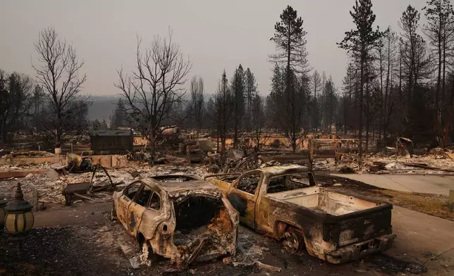 Dozens of homes are seen burned to the ground after a wildfire hit the northern part of Spokane, Wash., Monday, Aug. 3, 2026. (AP Photo/Lindsey Wasson)