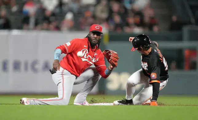 San Francisco Giants' Jung Hoo Lee, right, steals second base ahead of a tag by Cincinnati Reds shortstop Elly de la Cruz, left, during the seventh inning of a baseball game Tuesday, Aug. 25, 2026, in San Francisco. (AP Photo/Tony Avelar)
